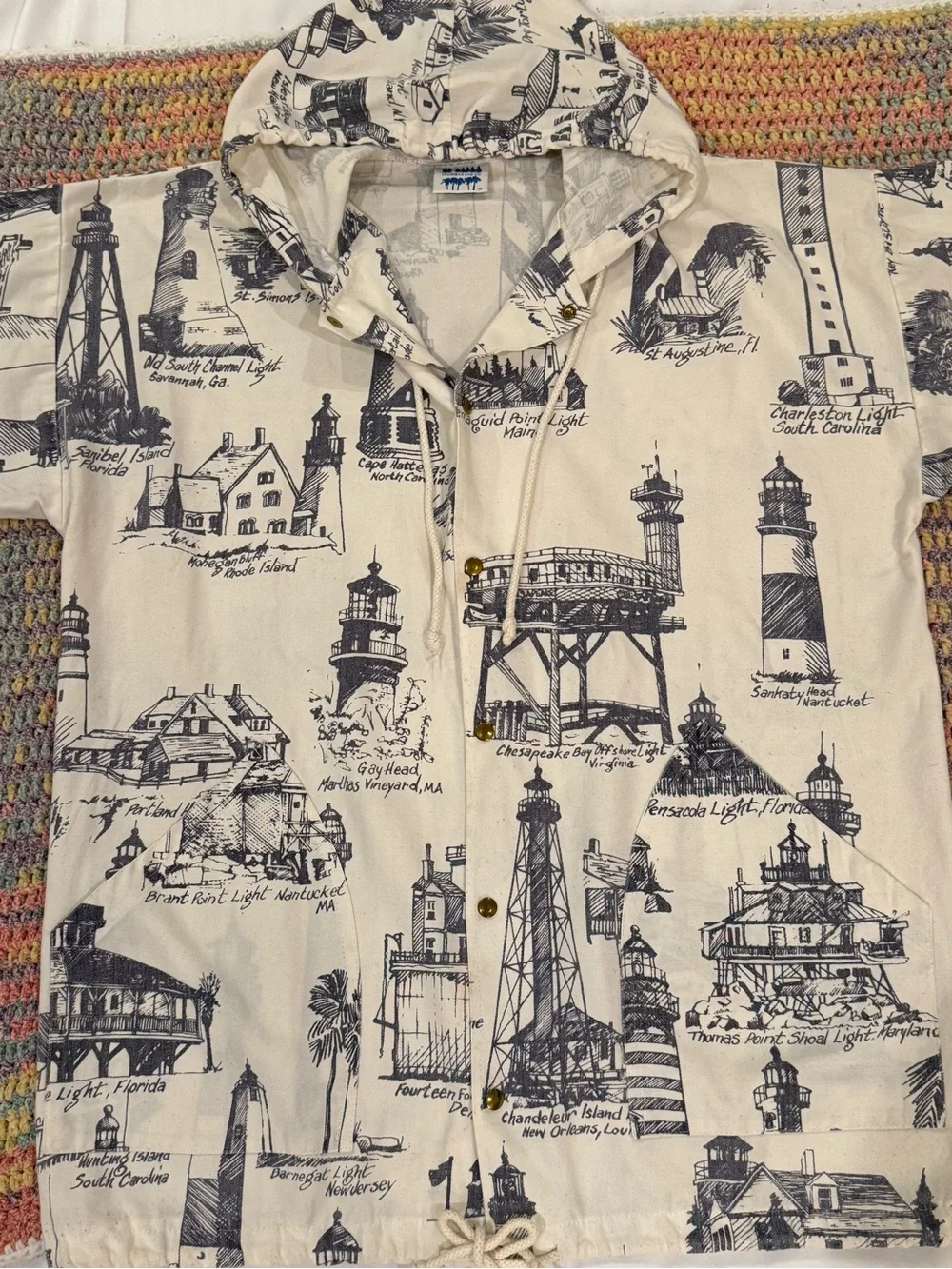 Vintage Michigan Rag Cream Hooded Button-Front Sweatshirt with Lighthouse Print